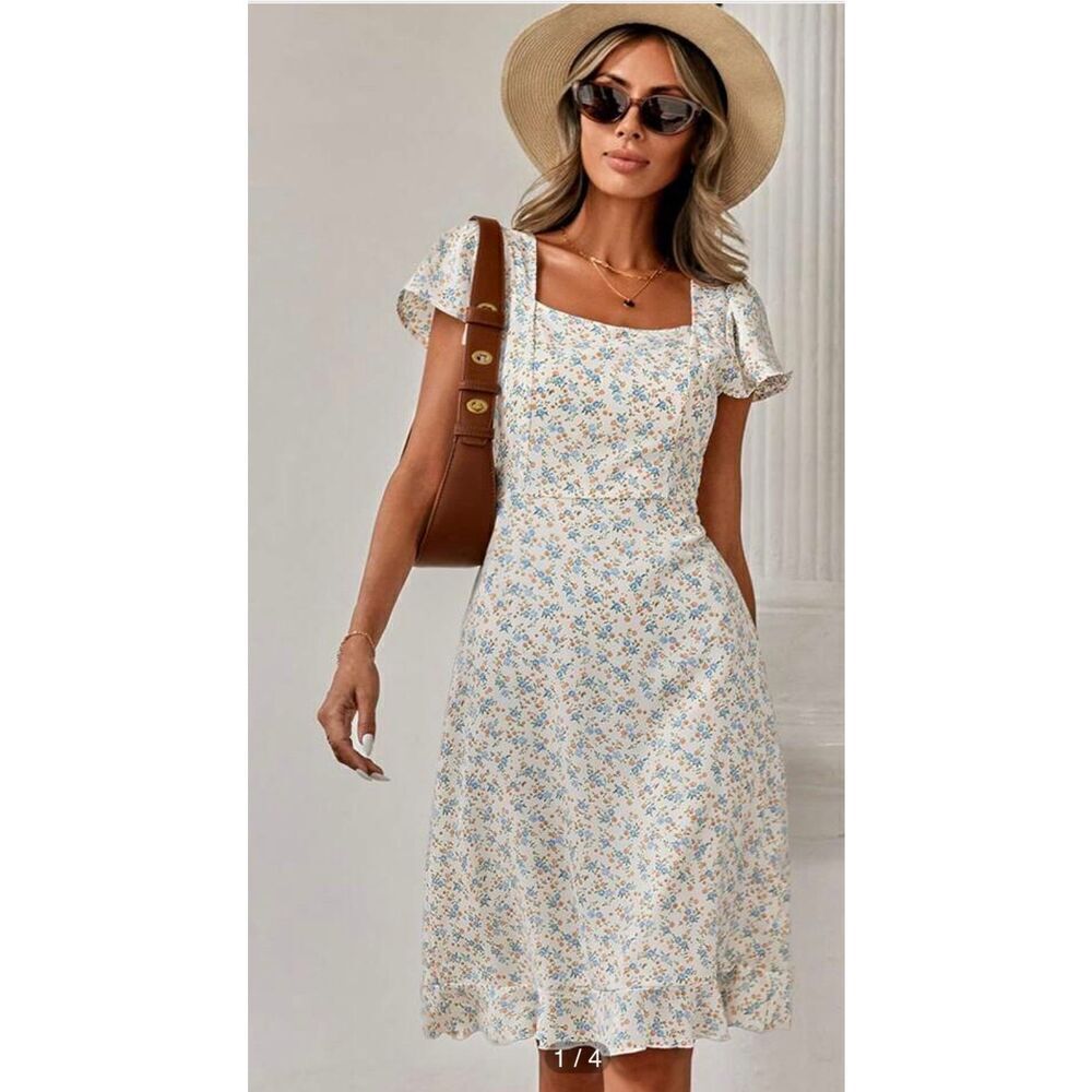 Aveloria Women’s S White Floral Cap Sleeve U-Neck Lined Dress